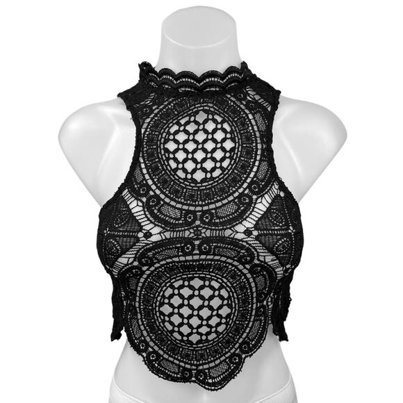 Windsor Black Crochet Open Knit High Neck Zip Sleeveless Crop Tank Top Size S - Picture 1 of 4